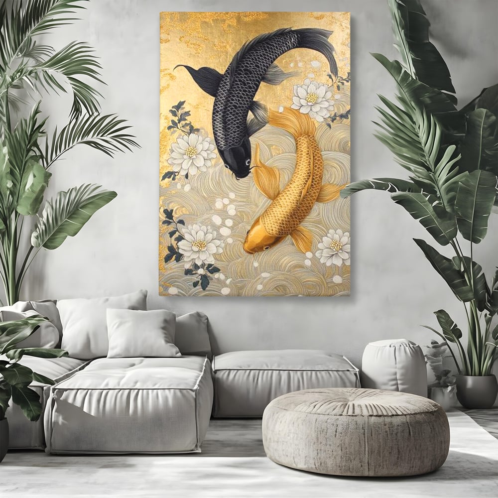 Tablou canvas cu tablou canvas cu doi pesti koi, fara rama, pe sasiu de lemn, pe perete intr-un living